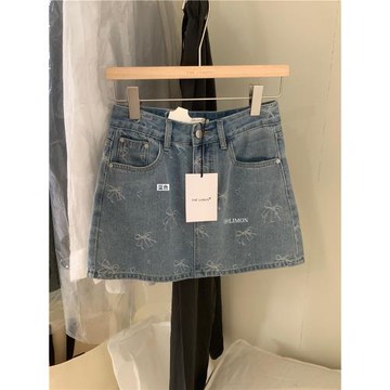 THE LEMON檸檬綠茶2025夏季蝴蝶結刺繡牛仔半身裙子女(防走光內里