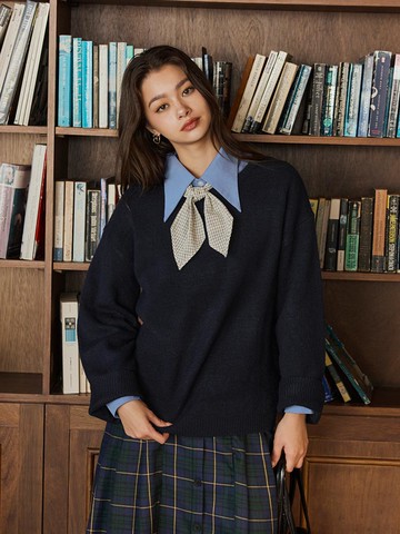 舒適圓領針織寬袖毛衣