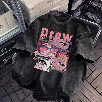 【YY！Drew动漫女生】美式水洗t恤復古上衣潮牌t恤美式大t短袖t恤做舊水洗上衣 純棉t恤 Oversize 夏天短袖