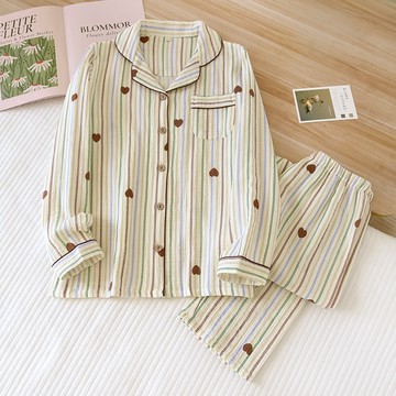 春夏薄款 100%純棉女生睡衣套裝縐布條紋 寬鬆大尺碼 翻領開襟長袖家居睡衣