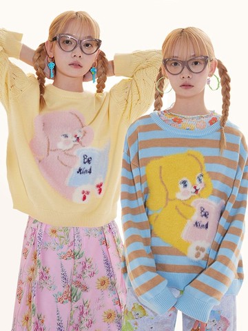 撞色 可愛兔子毛衣 寬松 顯瘦上衣