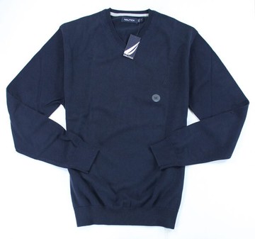 美國百分百【全新真品】Nautica 帆船牌 男生 V領 長袖 素面 針織 上衣 毛衣 薄款 M號 深藍色