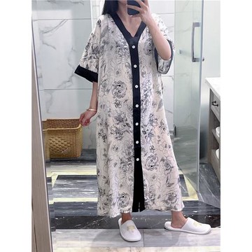 短袖睡裙女夏天款薄款V領冰絲趣味水墨畫睡衣大碼胖mm200斤家居服