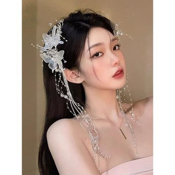手工蝴蝶流蘇珍珠發夾女新娘婚紗頭飾森系水晶側邊發卡旅拍照發飾