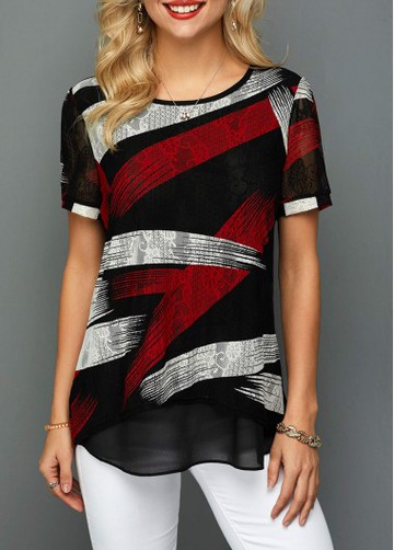 Short Sleeve Curved Hem Lace T Shirt