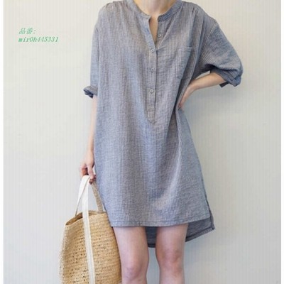 レディース ワンピース シャツワンピ ゆったり ミニ丈 5分袖 綿麻 ストライプ カジュアル ラフスタイル ブルー M L Xl 送料無料 通販 Lineポイント最大get Lineショッピング