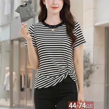 收腰扭結條紋優雅上衣(50)【196939X】【現+預】☆流行前線☆