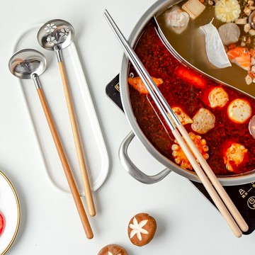 不銹鋼木長柄火鍋專用漏勺湯勺子稀飯盛粥家用商用廚房湯漏勺套裝