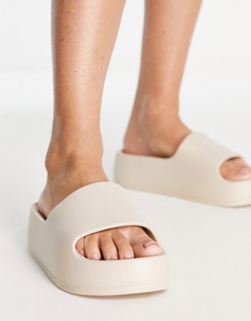 ASOS DESIGN February flatform one piece sliders in stone-Neutral