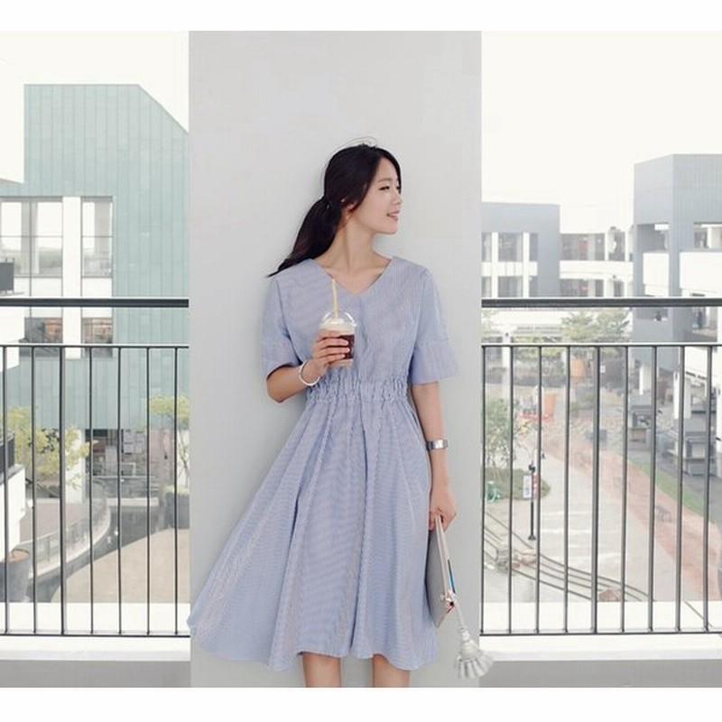 ストライプ ワンピース 春 Vネック ワンピース フレア ワンピース ストライプ シャツワンピ 膝丈ストライプ ワンピース 半袖 ワンピース 体型カバー 大人可愛い 通販 Lineポイント最大0 5 Get Lineショッピング