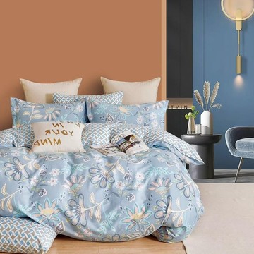 Pure One 台灣製100%純棉枕套床包組 舒適床品  床包(186 x 180cm) + 枕套(75 x 45cm) 2個  浮生繪夢 藍色  床包(186 x 180cm) + 枕套(75 x 45cm)枕套 2個