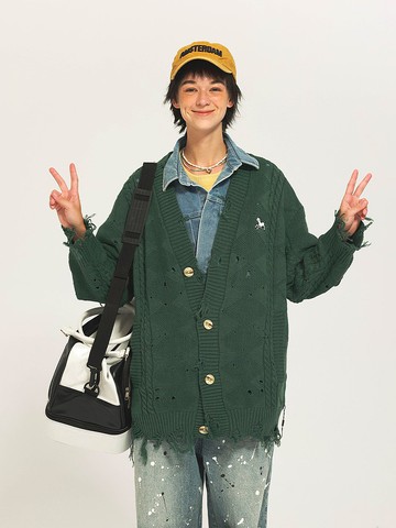 UNVESNO蟲蝕破洞小羊刺繡開衫毛衣簡約寬松休閒針織衫 SWS-1585