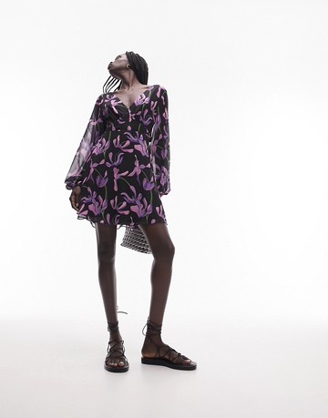 Topshop cross back tea dress in purple floral-Multi