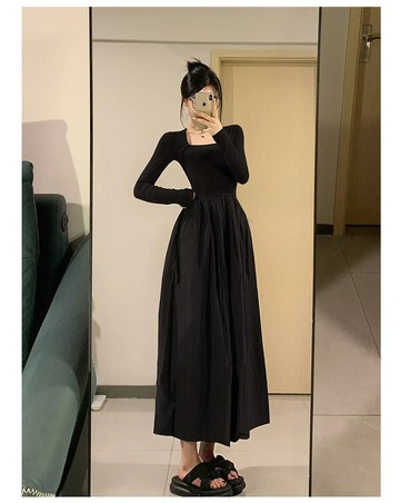 秋季赫本風黑色連衣裙女秋冬裙子套裝內搭長裙一整套穿搭2024新款【步行者戶外生活館】