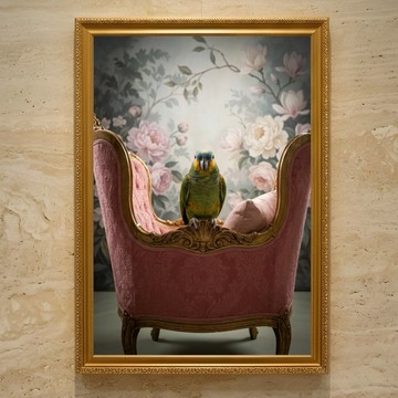 鸚鵡（黃頭亞馬遜鸚鵡）洛可可風格藝術品 A3 框飾室內壁掛