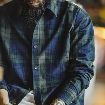 馬登工裝 美式復古藍綠色格子襯衫外套純棉肌理感長袖薄款襯衫男秋