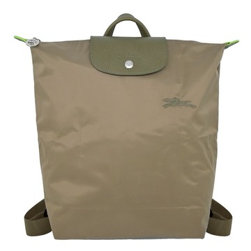[平輸版]LONGCHAMP LE PLIAGE GREEN系列刺繡再生尼龍摺疊後背包(中/朝鮮薊綠)真品平輸