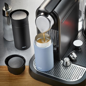 德國 GEFU 按壓不鏽鋼保溫杯300ml+陶瓷咖啡濾杯(2杯)二入組 - 12378+16030-黑色