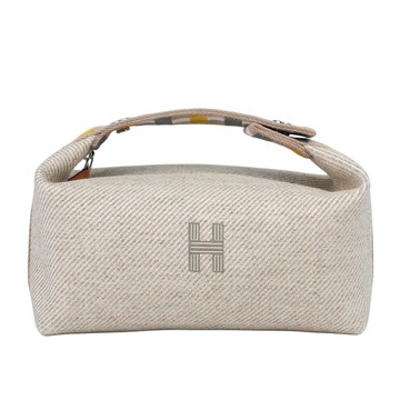 HERMES H Logo 拼色格紋提把小款帆布手提便當包(裸麥色)