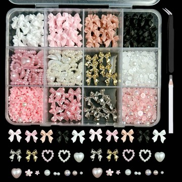 🎀免運🎀臺灣有貨🎀12格盒混款蝴蝶結美甲飾品珍珠愛心合金蝴蝶水鑽指甲配飾diy套盒精選