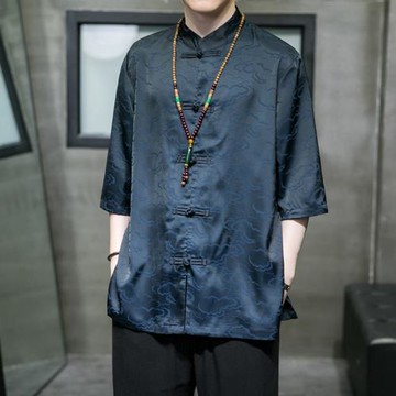 冰絲襯衫男短袖新中式男裝中國風唐裝漢服半袖外套夏季五分袖襯衣