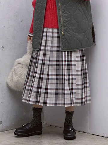 經典拼色格紋寬百褶裙(6A47L0L0100) - Green Parks