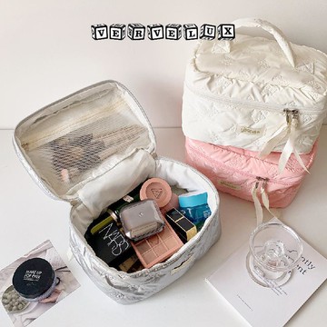 两件9.9折🔥臺灣出貨🔥可開發票✅韓版簡約純色蝴蝶結手提化妝包純色亮面大容量洗漱包學生收納包女