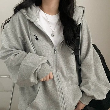 Vuja de 純棉連帽外套 薄外套 oversize 外套長袖 秋冬上衣 兔子印花 潮流衣服 刷毛 外套