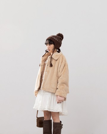 質感毛絨翻領厚外套長短雙版型-卡其 M/L