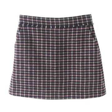 冬季新款 高腰顯瘦綿羊毛A字裙女格紋毛呢半身裙 剪標