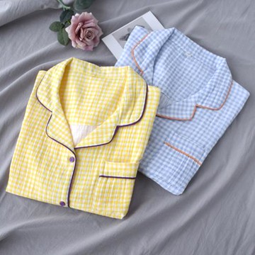 千鳥格慵懶ins睡衣女士春秋夏季純棉紗布薄款寬松長袖家居服套裝