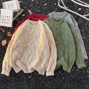 韓版麻花圓領潮流針織衫男新款秋冬新款青少年提花打底衫男