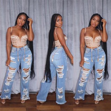 OL6081   新品速賣通亞馬遜歐美性感時尚燒花破洞牛仔褲現貨銷售