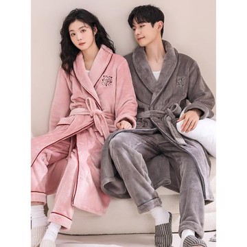 睡袍女冬季珊瑚絨浴袍女長款情侶加絨加厚法蘭絨睡衣男士春秋冬款