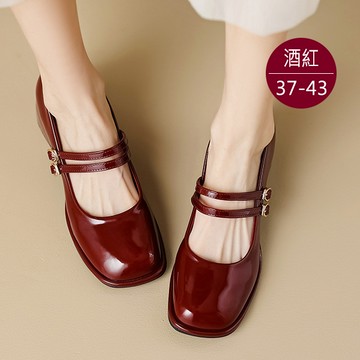 中大尺碼女鞋240329【TT6810-1】復古瑪莉珍粗跟鞋37-43(預購)酒紅色