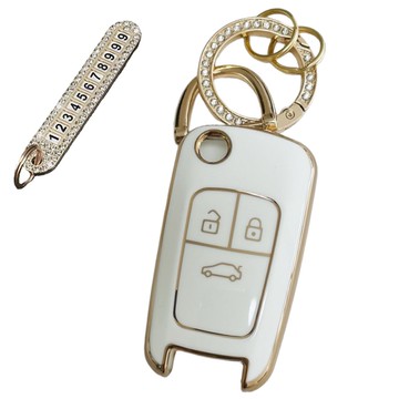 AB 雪佛蘭相容 高級TPU鑰匙殼+號碼牌鑰匙圈組  AC-04  奶油白