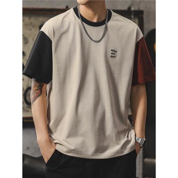 青少年短袖t恤2025新款初中生男潮流撞色拼接圓領體恤刺繡高端t恤