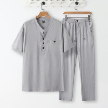 亞麻短袖t恤男夏季棉麻套裝中國風唐裝半袖體恤長褲搭配兩件一套