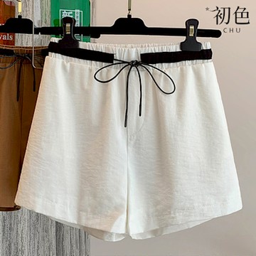 初色 棉麻透氣薄款休閒純色鬆緊腰闊腿褲三分褲短褲-共3色-11757(M-2XL可選)