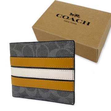 【COACH】C LOGO男款8卡附活動證件夾短夾禮盒(灰白黃橫紋)