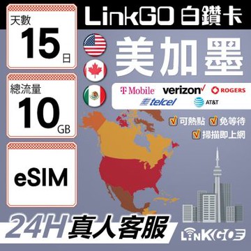 【LinkGO】白鑽卡 美加墨 eSIM卡 15天上網卡 總流量10GB 高速流量(美國 加拿大 墨西哥)