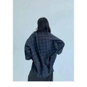 【RICECAKE & OISIS】美式復古 做舊格子 長袖襯衫 高級感 百搭 刺繡 oversize 上衣 女
