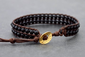 黑瑪瑙行袖口手鐲 男性男女皆宜的石頭編織的腕帶