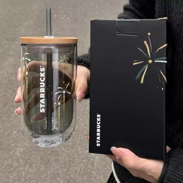 星巴克杯子2026新年禮物冬日煙火系列絢爛煙花辦公室桌面雙層玻璃吸管杯