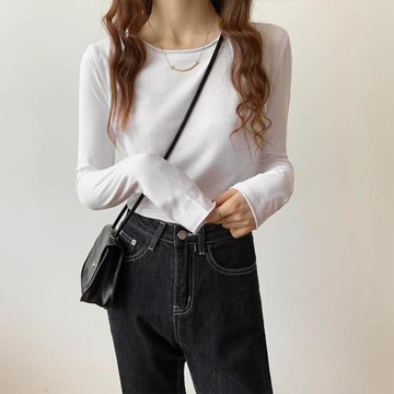 2022年新款秋季白色長袖T恤女棉質修身卷邊打底衫洋氣ins