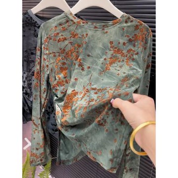 輕奢風設計感不規則絲絨長袖小衫女韓版復古修身收腰褶皺氣質上衣