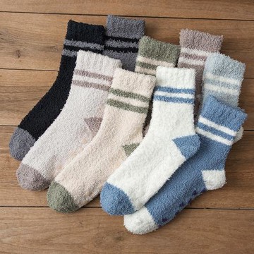 秋冬季硅膠防滑條紋珊瑚絨男襪襪子男保暖中筒襪家居睡眠男款長襪