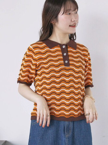 跳色波浪織紋半排釦短袖Polo衫(0F000728510) - ehka sopo