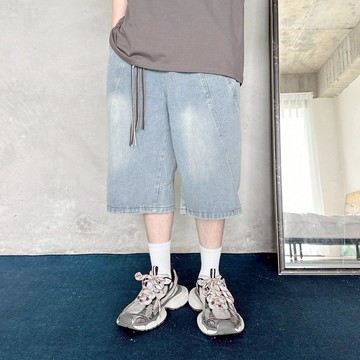 ATstyle 螺旋車線牛仔七分短褲 牛仔褲 七分短褲 寬鬆 設計感 美式街頭 男女可穿 情侶 藍 黑 80934