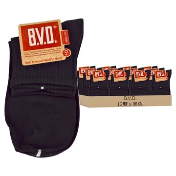 B.V.D. 1/2中性休閒襪 75%棉 12雙入  22~25cm  黑色